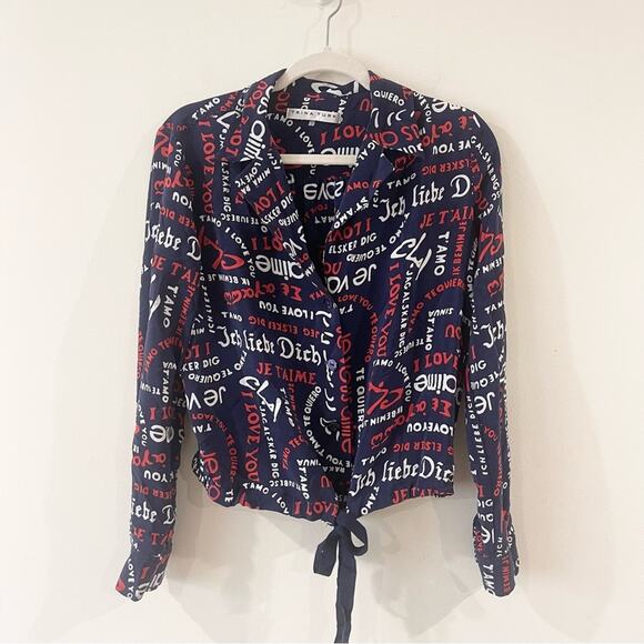 Trina Turk Navy Graphic Print Women Top Shirt size M „I love You” collection - Picture 1 of 8